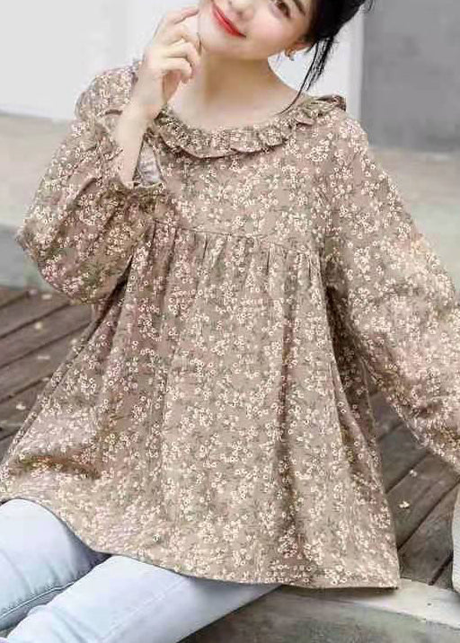 Khaki Ruffled Print Cotton Shirt Tops Long Sleeve Fall