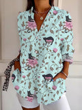 Women's Vintage Floral Cat Cotton And Linen Shirt elevenforest