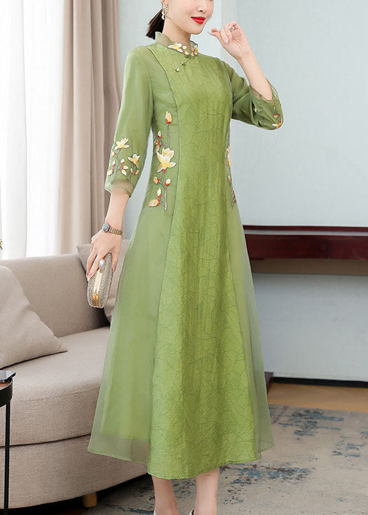 Chinese Style Green Ruffled Embroideried Patchwork Chiffon Dresses Bracelet Sleeve Summer