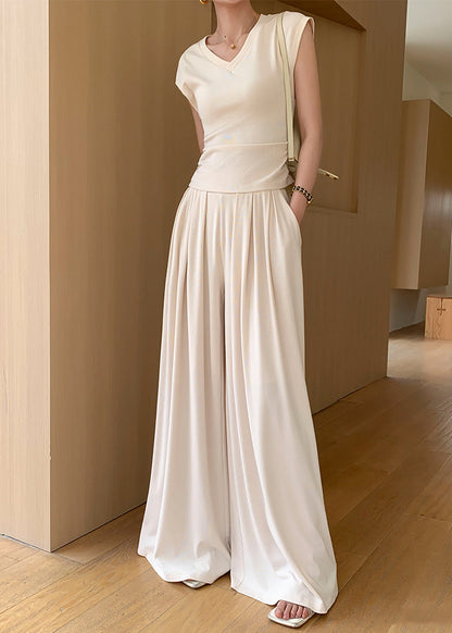 Pink Pockets Elastic Waist Cotton Wide Leg Pants Summer