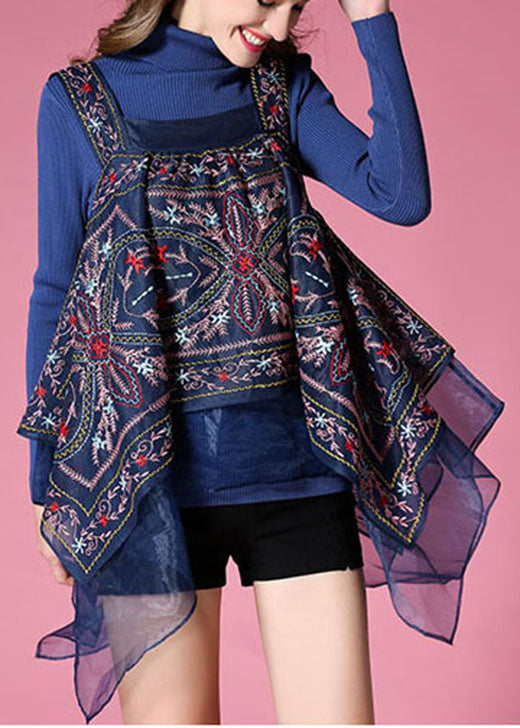 Navy Knit Sweaters + Organza Asymmetrical Design Fall Sets 2 Pieces