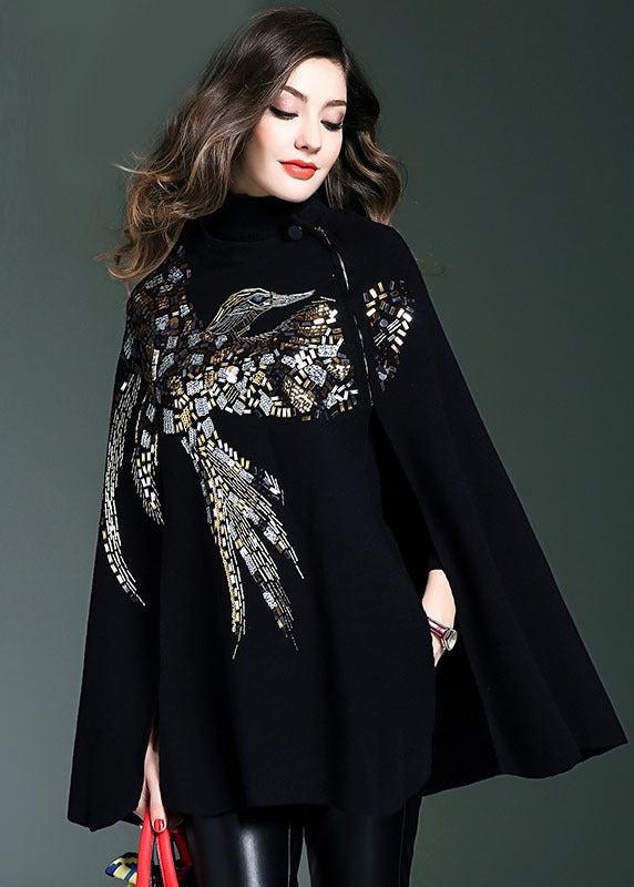 Black Turtle Neck Sequins Knit Sweater Cloak Sleeves