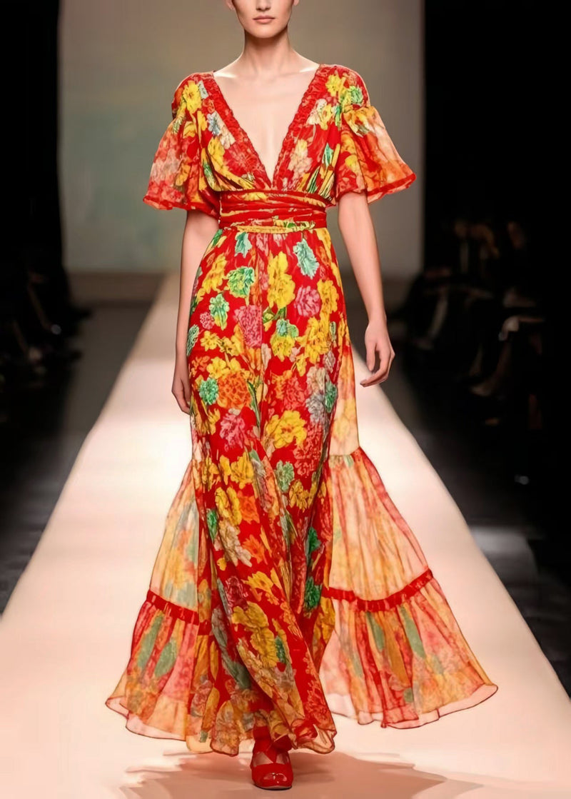 Modern Red V Neck Print Chiffon Party Dress Summer