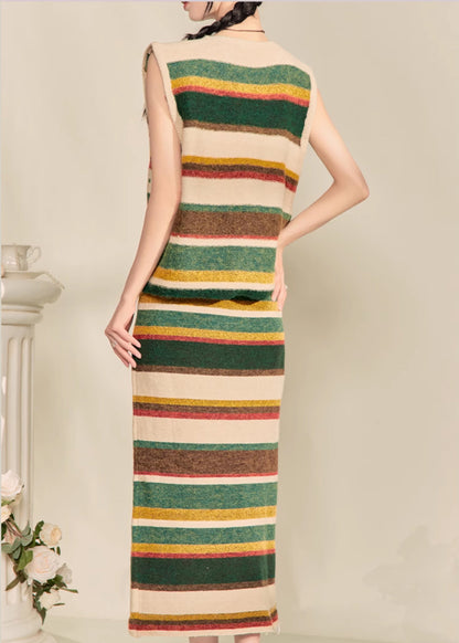 Colorblock V Neck Striped Knit Waistcoat and Maxi Skirts Two Piece Set Sleeveless