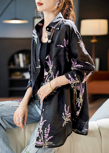 Black Peter Pan Collar Embroidered Silk Shirt Top Long Sleeve