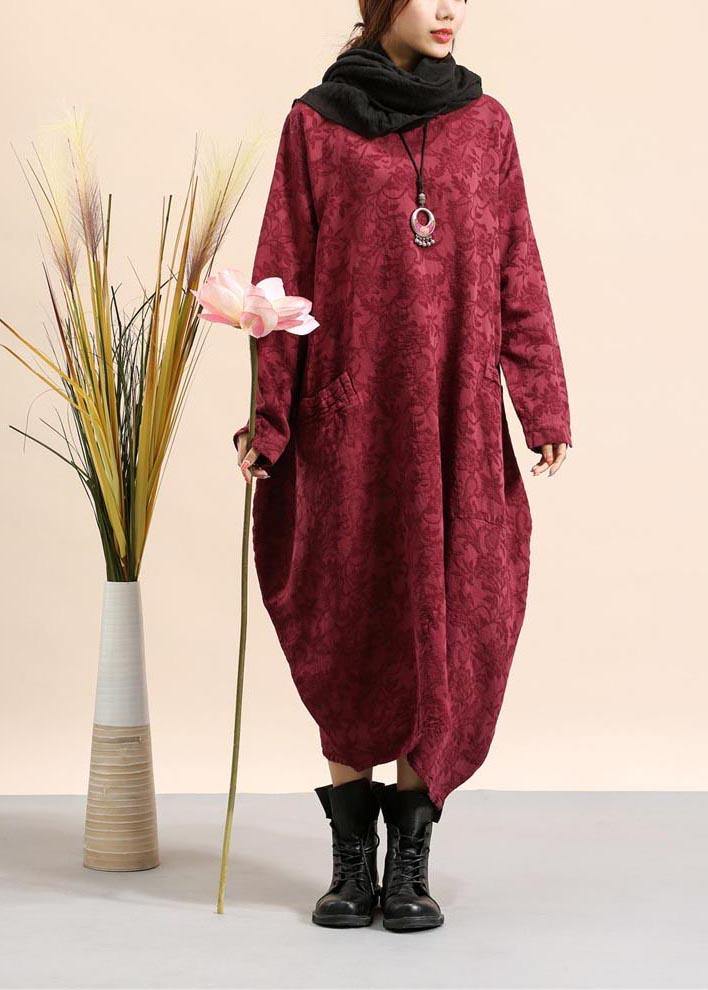Diy O Neck Pocket Spring Quilting Dresses Fabrics Burgundy Jacquard Robe Dress