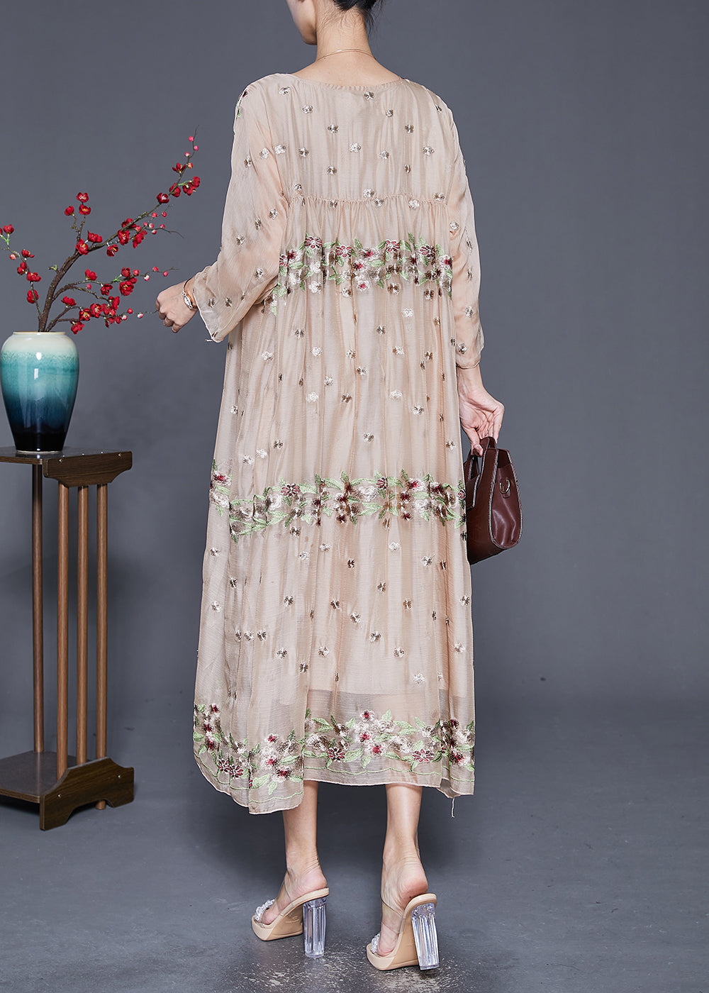 Apricot Embroideried Oversized Silk Maxi Dresses Fall