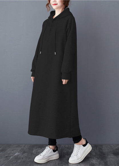 Black Hooded Patchwork Warm Fleece Long Dresses Winter
