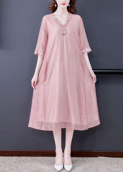 Pink V Neck Embroideried Cotton Vacation Dresses Summer