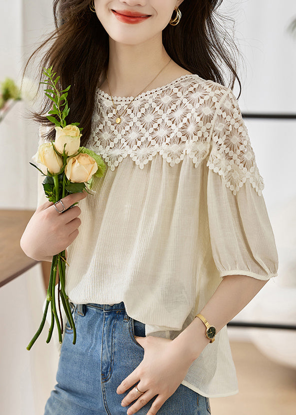 Khaki O Neck Lace Patchwork Cotton Top Lantern Sleeve