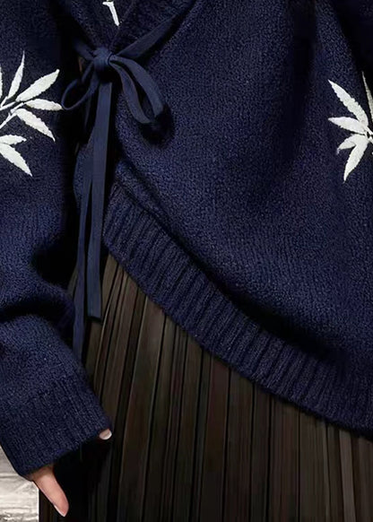 Navy Bamboo Print Lace Up Knit Sweaters V Neck Fall