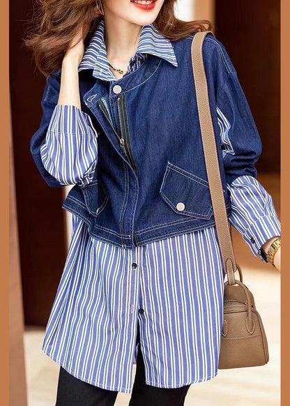 Fine Blue Button Peter Pan Collar Denim Patchwork Striped Shirts Spring