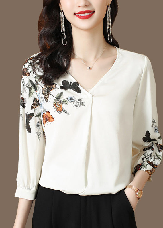 White V Neck Print Silk Top Long Sleeve