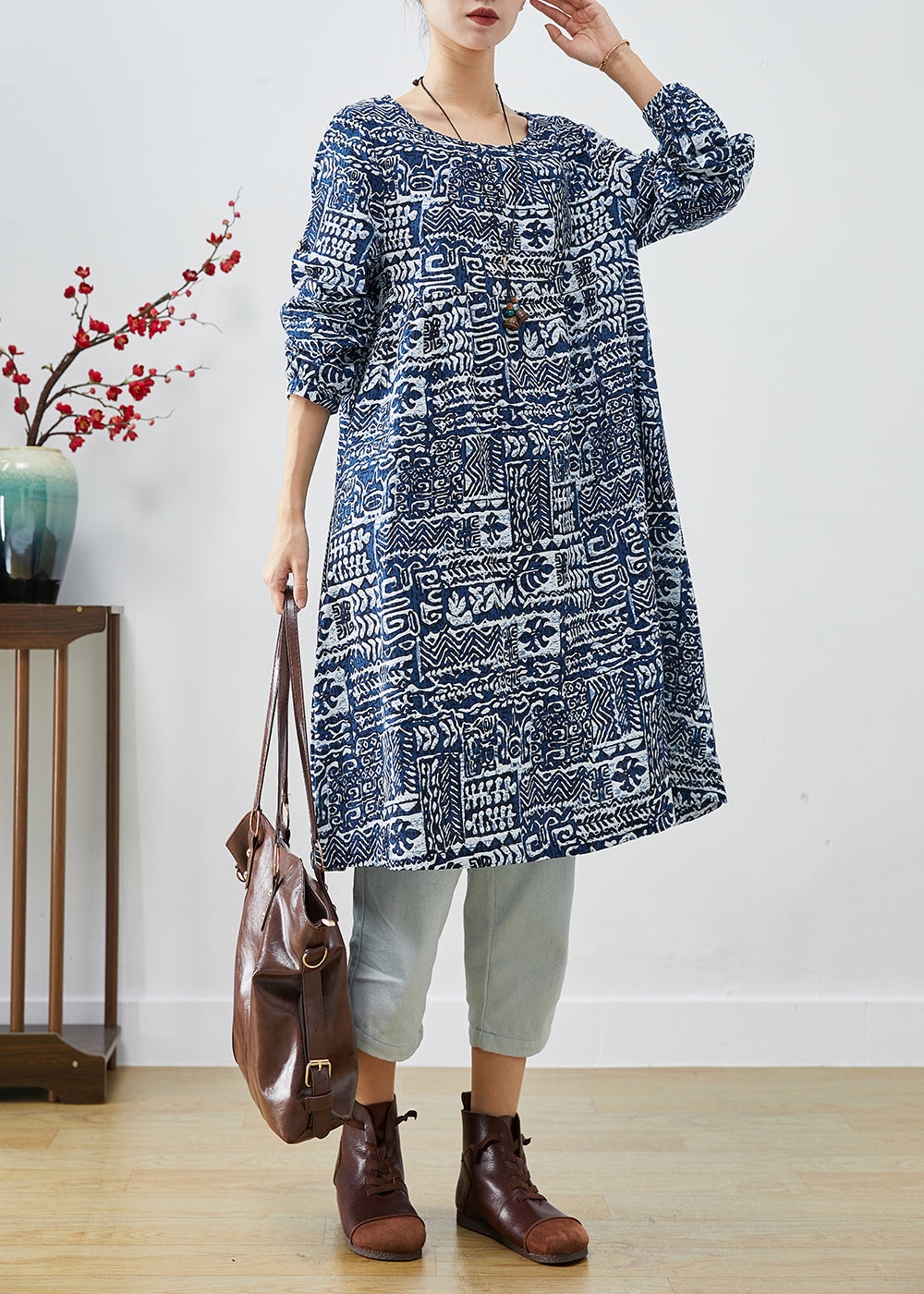 Navy Oversized Print Linen Dress Fall