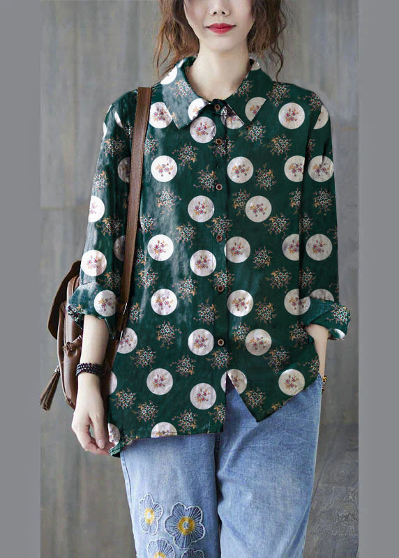 Unique Black Flower Peter Pan Collar Button Print Fall Blouses Long Sleeve