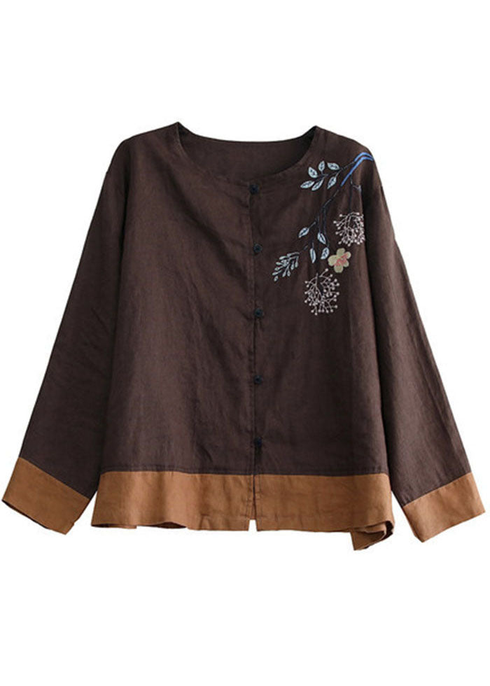 Chocolate O-neck Embroideried Patchwork Linen Shirt Tops Long Sleeve