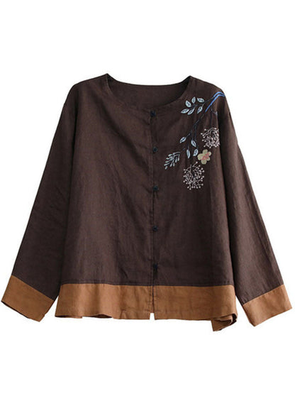 Chocolate O-neck Embroideried Patchwork Linen Shirt Tops Long Sleeve