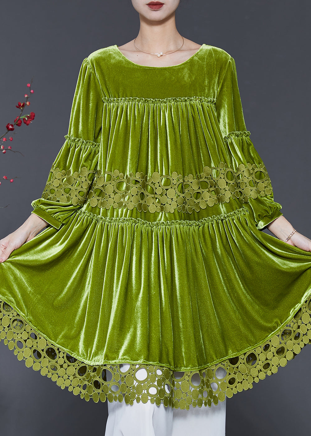 Handmade Grass Green Oversized Patchwork Silk Velour Dresses Spring
