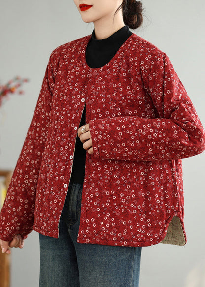 Red O Neck Button Print Thick Coats Winter