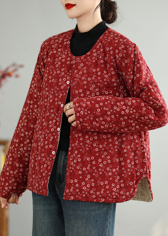 Red O Neck Button Print Thick Coats Winter