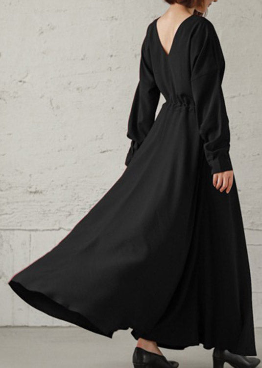 Navy Cinched V Neck Cinched Cotton Maxi Dresses Fall