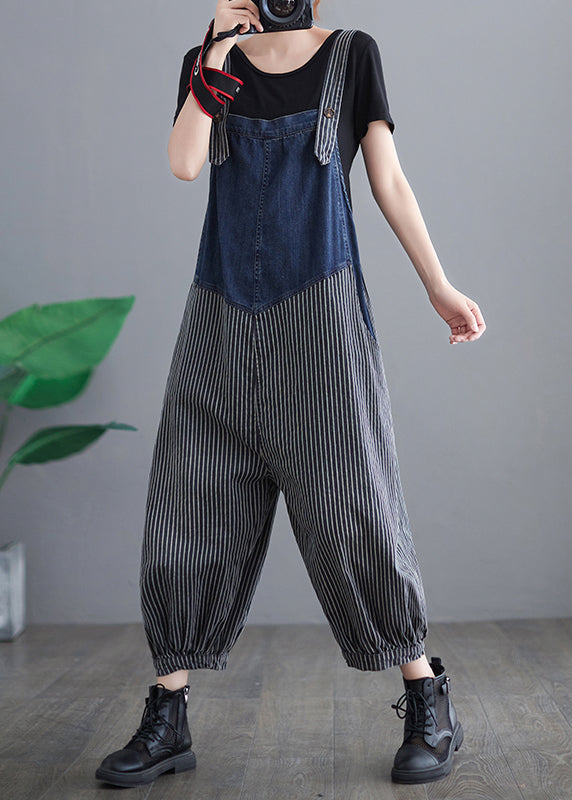 French Navy Striped Pocket Patchwork Denim Overalls Jumpsuit Spring