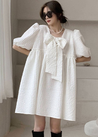 White Ruffled Bow Patchwork Cotton Vacation Dress Spring