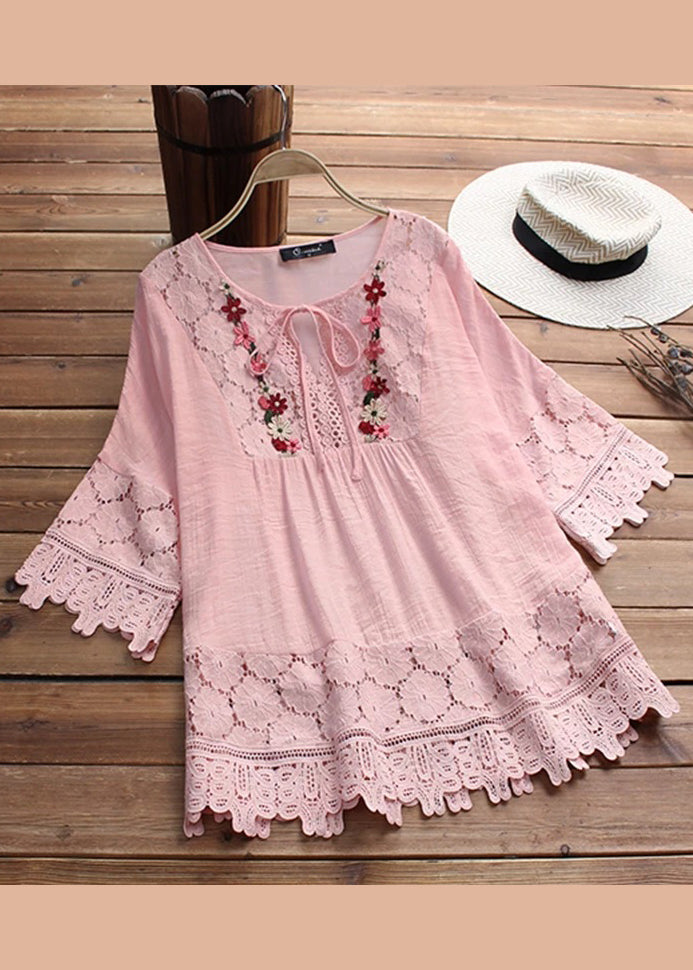 Apricot O Neck Patchwork Lace T Shirt Summer