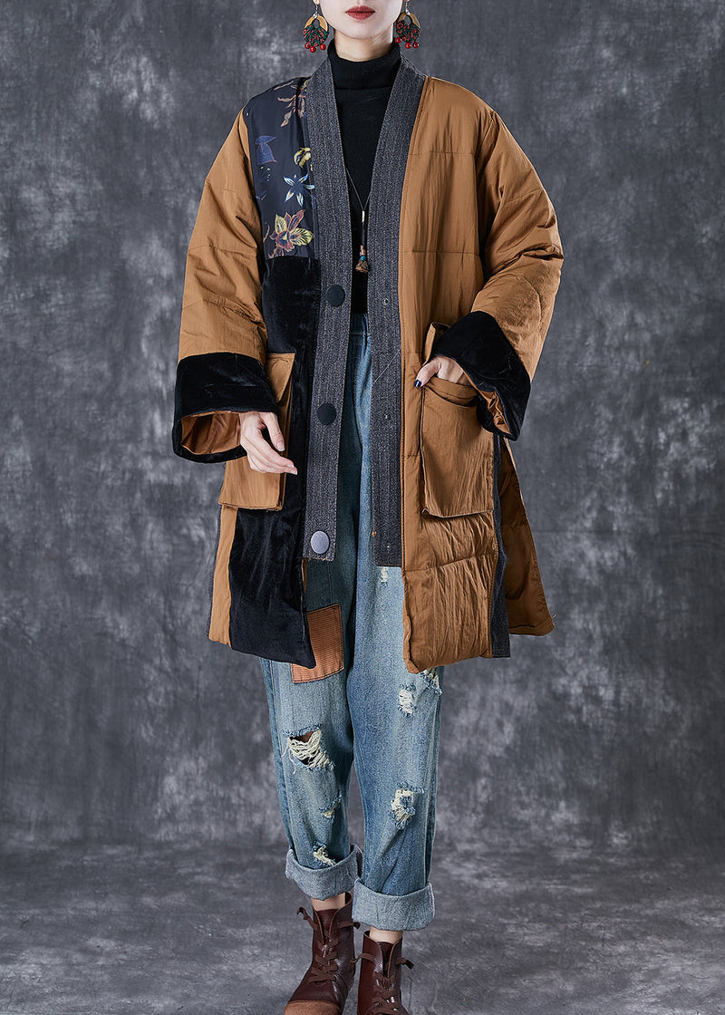 Coffee V Neck Patchwork Pockets Fine Cotton Filled Jackets Winter