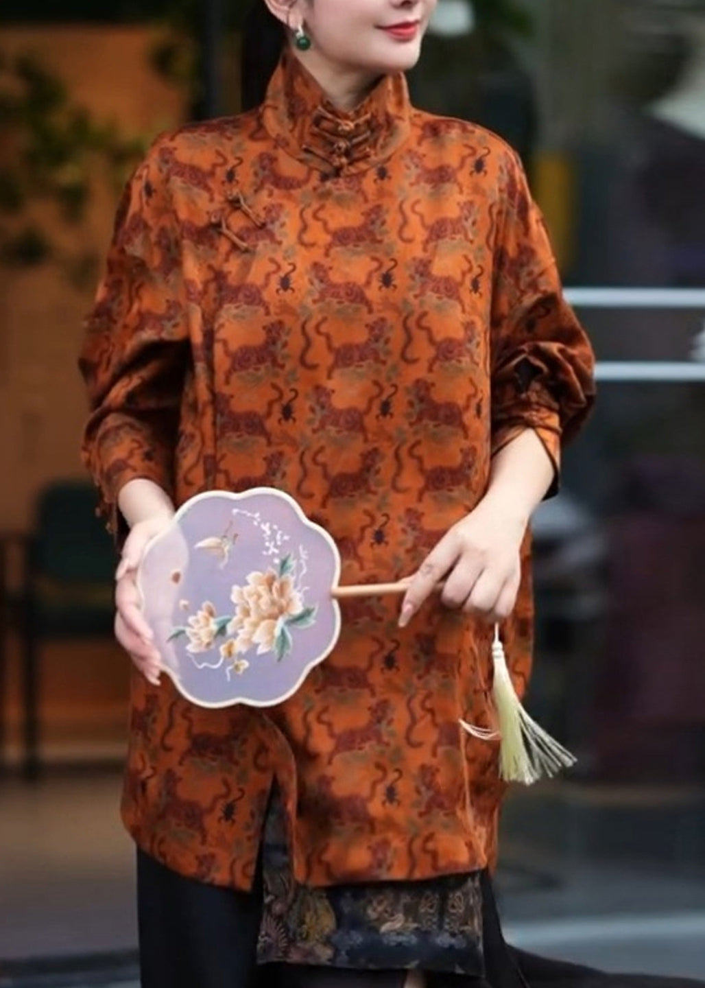 Orange Stand Collar Print Side Open Shirt Three Quarter Sleeve