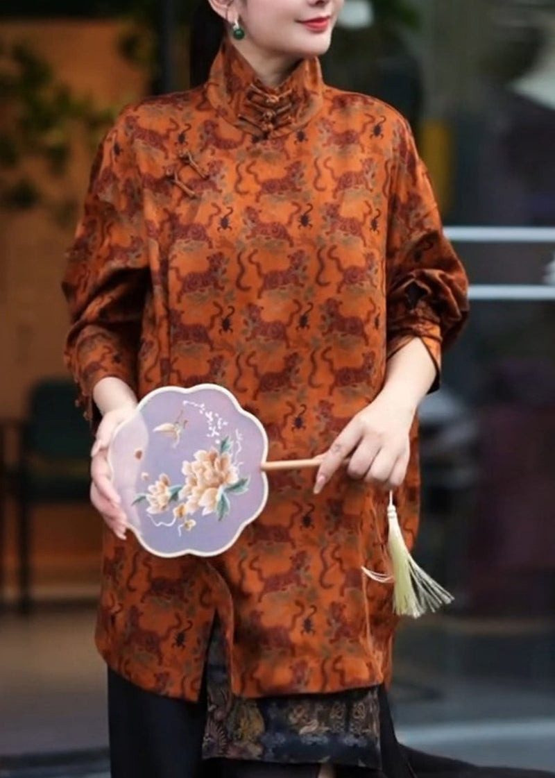 Orange Stand Collar Print Side Open Shirt Three Quarter Sleeve