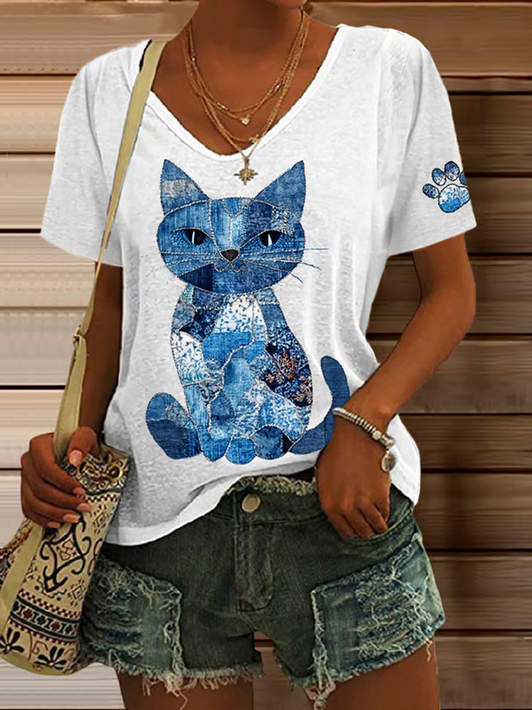 Women's Retro Animal Cat Print V-neck T-shirt artswardrobe