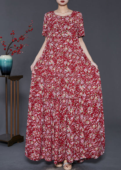 Red Ruffled Print Exra Large Hem Cotton Holiday Dress Summer