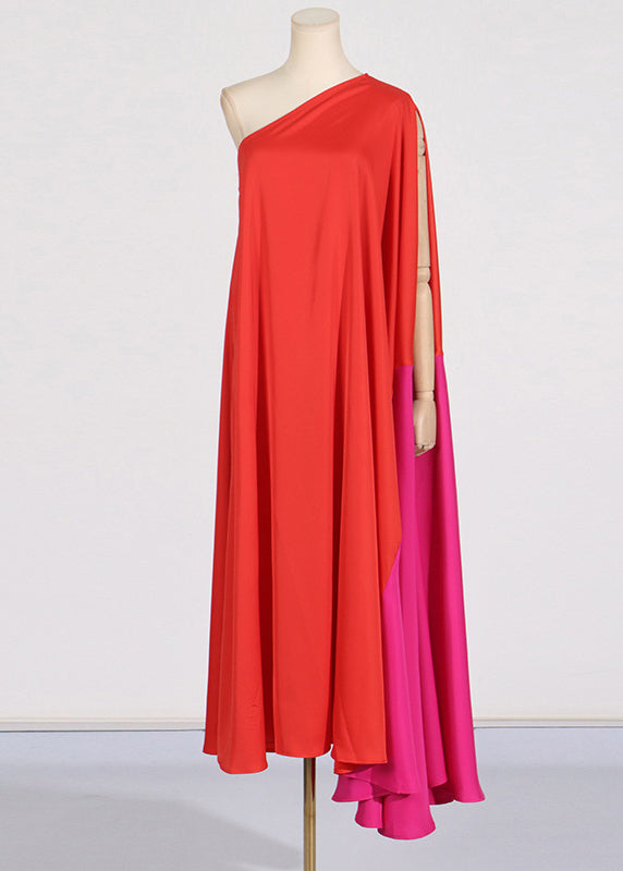 Red One Shoulder Patchwork Maxi Dress Summer