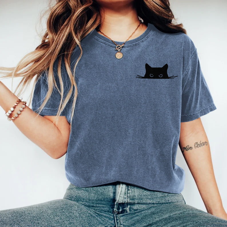 Comstylish Abstract Creative Embroidered Black Cat Art Print T-shirt
