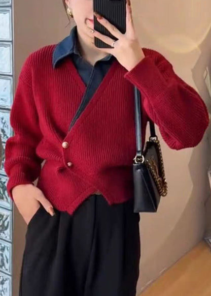 Red Asymmetrical Patchwork False Two Pieces Cotton Knit Top Spring