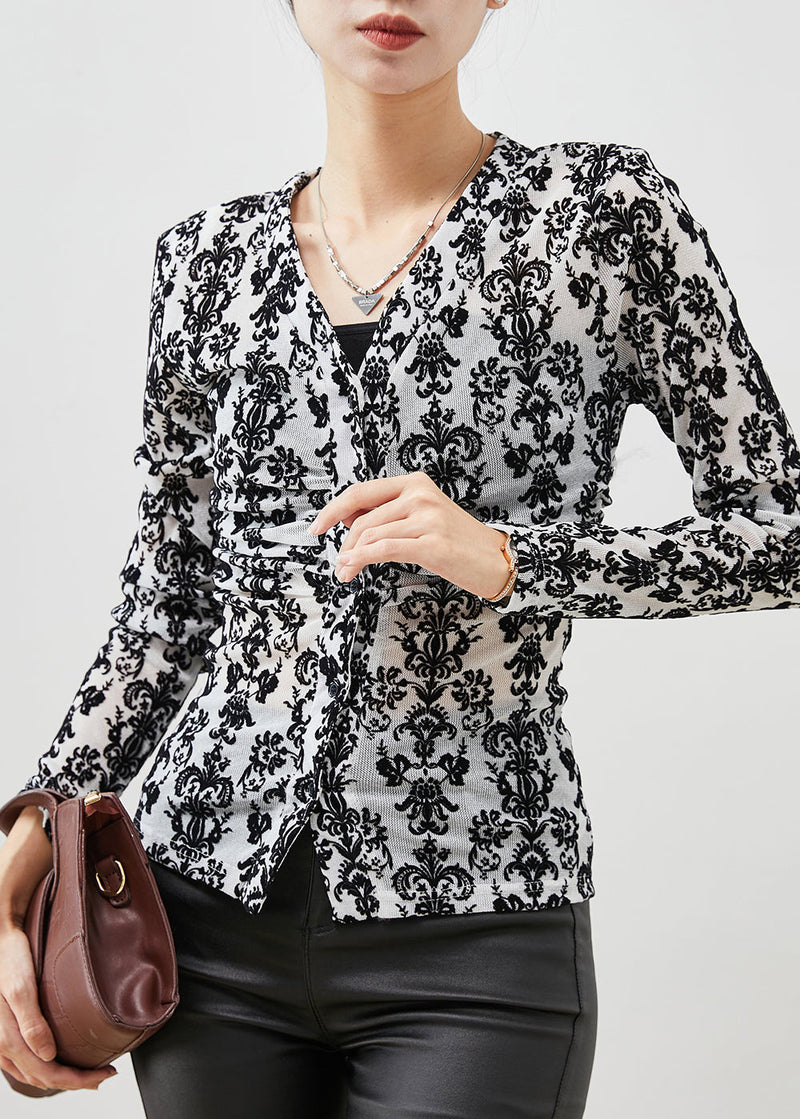 Black Jacquard Silm Fit Cotton Blouses Spring