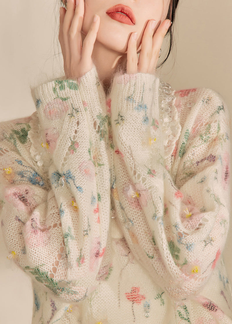 Apricot Peter Pan Collar Print Hollow Out Sequins Cotton Knit Sweaters Winter