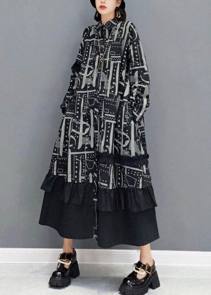 Black Peter Pan Collar Button Print Asymmetrical Design Dress Fall Long Sleeve