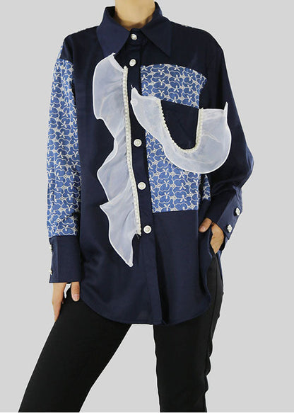 Black Blouses Ruffled Patchwork Button Pockets Spring