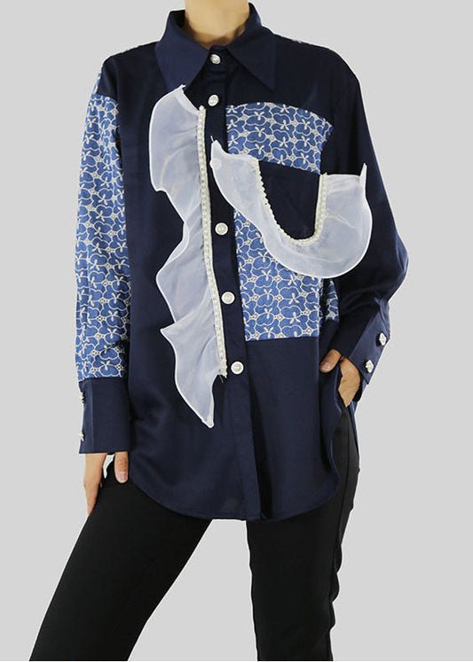 Black Blouses Ruffled Patchwork Button Pockets Spring