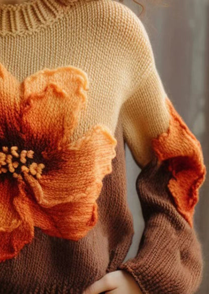 Brown O Neck Cotton Knit Sweaters Long Sleeve