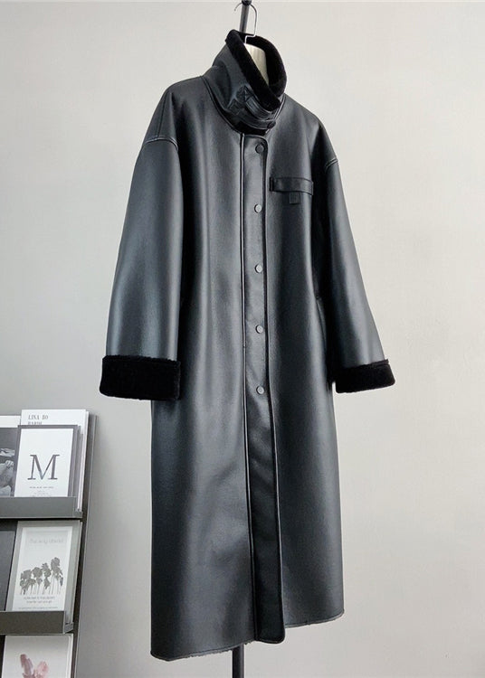 Boutique Black Stand Collar Leather and Fur Warm Coat Winter