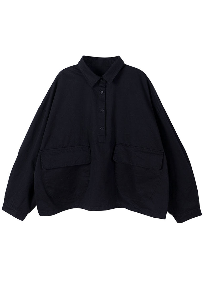 Style Black Peterpan Collar Pockets Button Fall Shirts Long Sleeve
