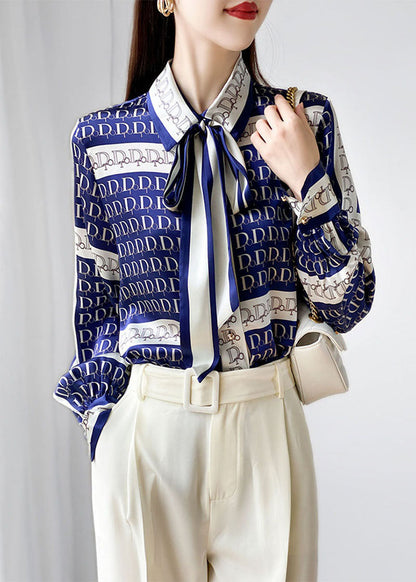 Blue Bow Print Wrinkled Silk Blouse Tops Spring