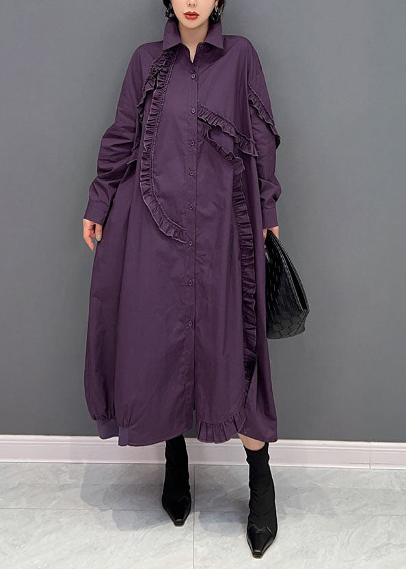 Purple Peter Pan Collar Ruffled Cotton Long Dress Spring