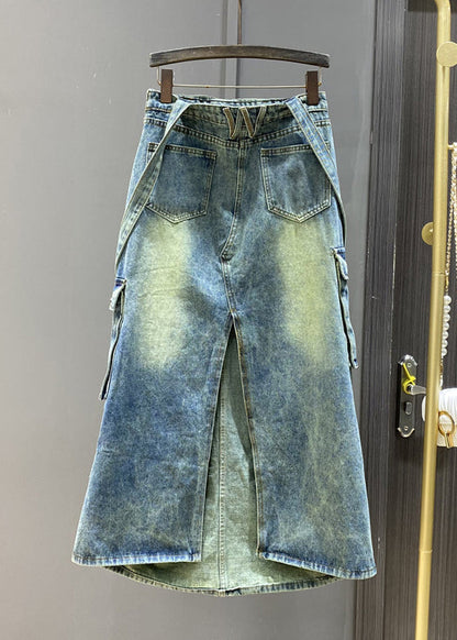 French Blue Pockets Side Open Denim Jumpsuit Sleeveless