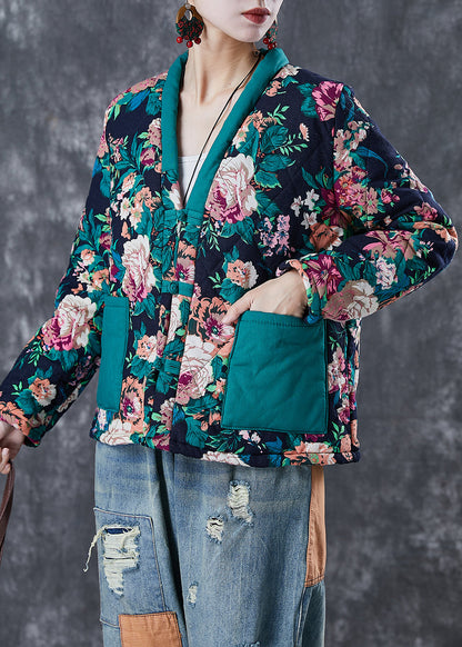 Green Print Patchwork Fine Cotton Filled Coats Winter