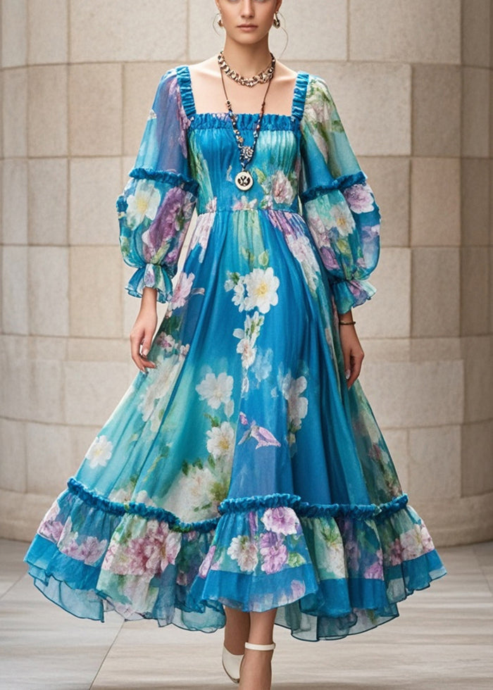 Unique Peacock Blue Ruffled Print Chiffon Holiday Dress Spring
