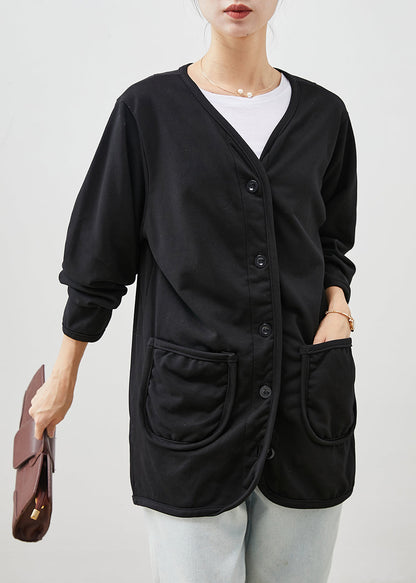 Black V Neck Pockets Cotton Coats Spring